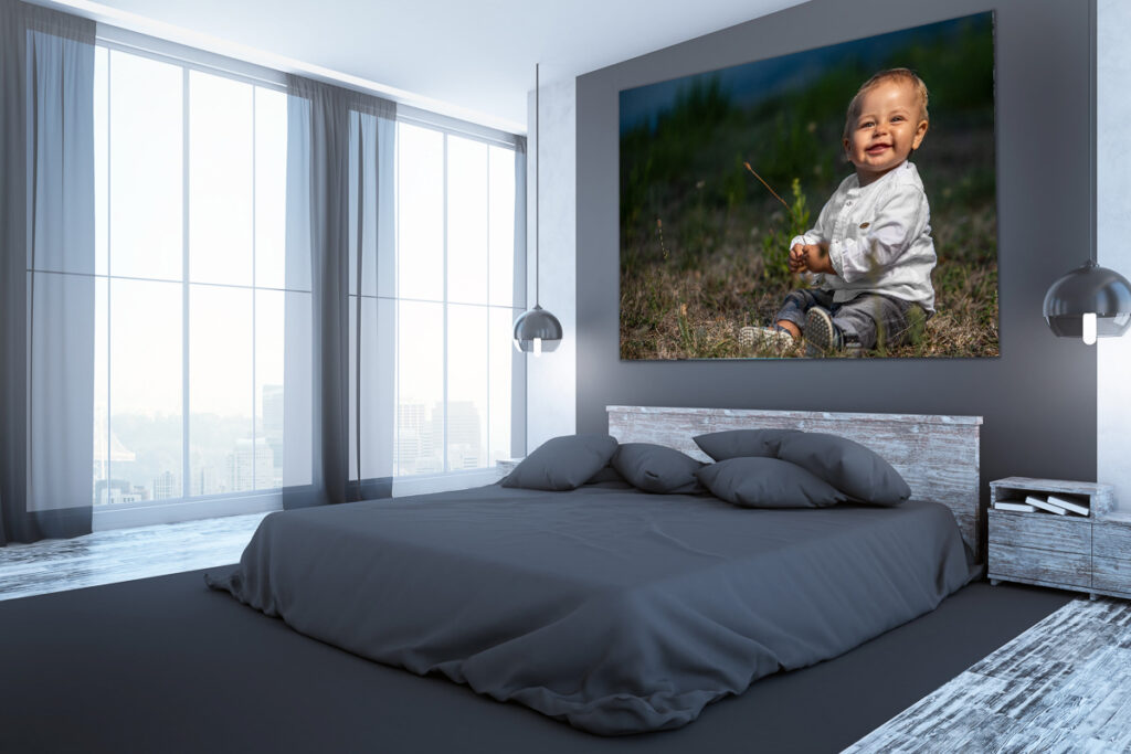 Clean bedroom interior with furniture, blank whiteboard, city view and daylight. Side view, Mock up, 3D Rendering